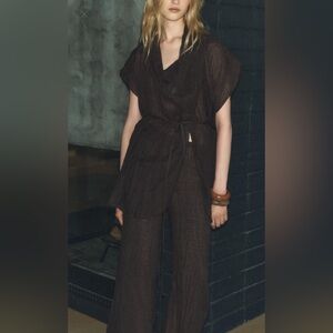 NWT Zara WRINKLED LINEN BLEND PANTS ZW COLLECTION in Brown Size Medium